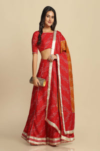 Women's Bandhani Printed Work Round Neck Semi-stiched Lehenga Choli And Gagara For Women Red Cotton Silk Lahenga Choli