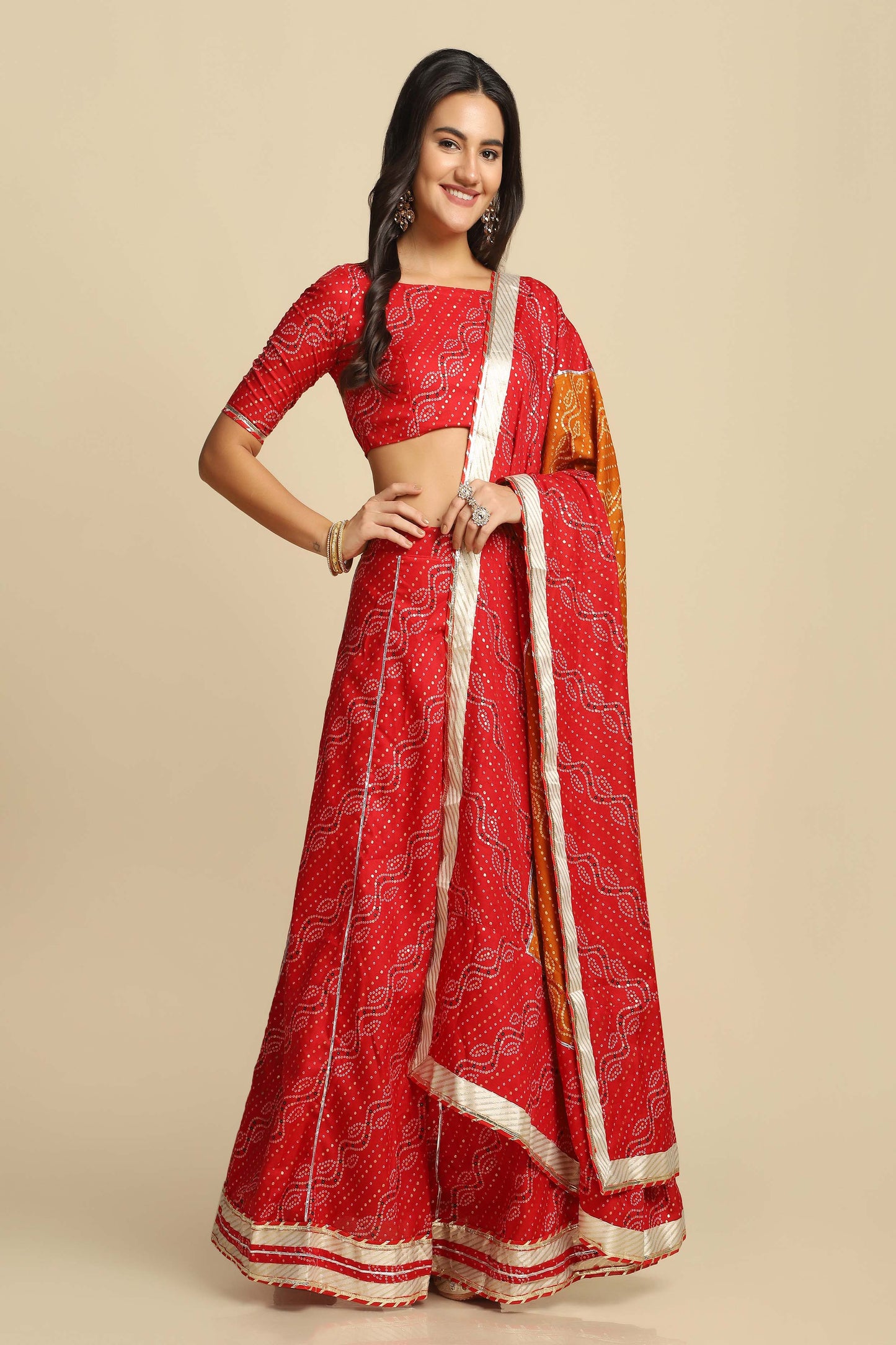 Women's Bandhani Printed Work Round Neck Semi-stiched Lehenga Choli And Gagara For Women Red Cotton Silk Lahenga Choli