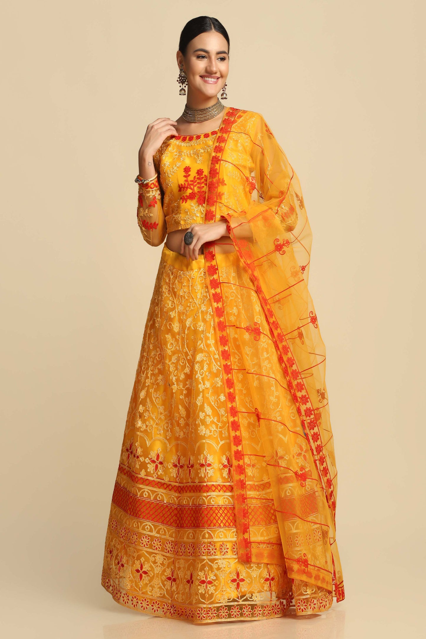 Yellow Embroidered Thread Work Tie and Dye Semi-Stitched Lehenga & Unstitched Blouse With Dupatta