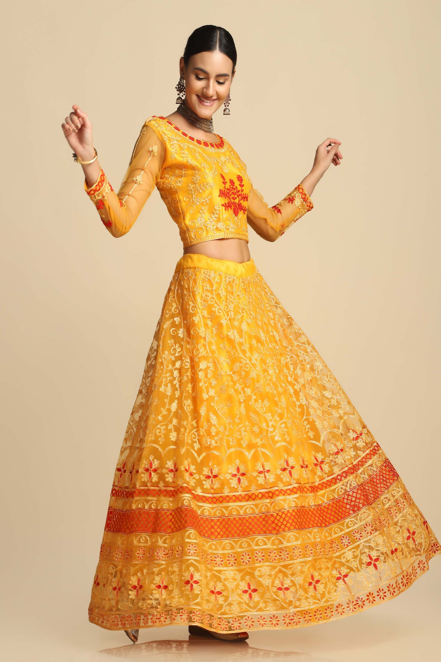 Yellow Embroidered Thread Work Tie and Dye Semi-Stitched Lehenga & Unstitched Blouse With Dupatta