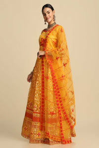 Yellow Embroidered Thread Work Tie and Dye Semi-Stitched Lehenga & Unstitched Blouse With Dupatta