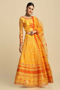 Yellow Embroidered Thread Work Tie and Dye Semi-Stitched Lehenga & Unstitched Blouse With Dupatta