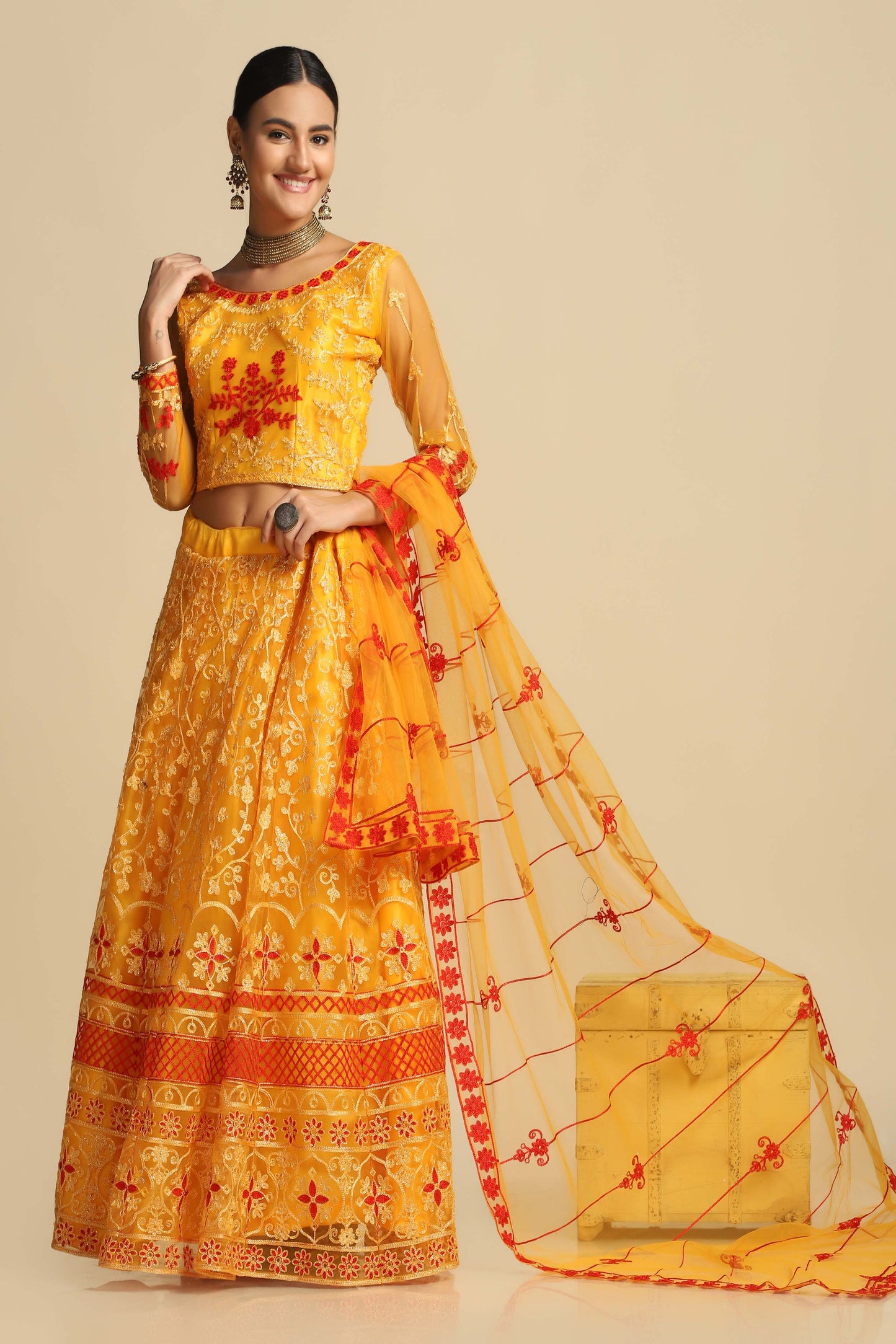 Yellow Embroidered Thread Work Tie and Dye Semi-Stitched Lehenga & Unstitched Blouse With Dupatta