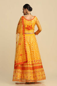 Yellow Embroidered Thread Work Tie and Dye Semi-Stitched Lehenga & Unstitched Blouse With Dupatta