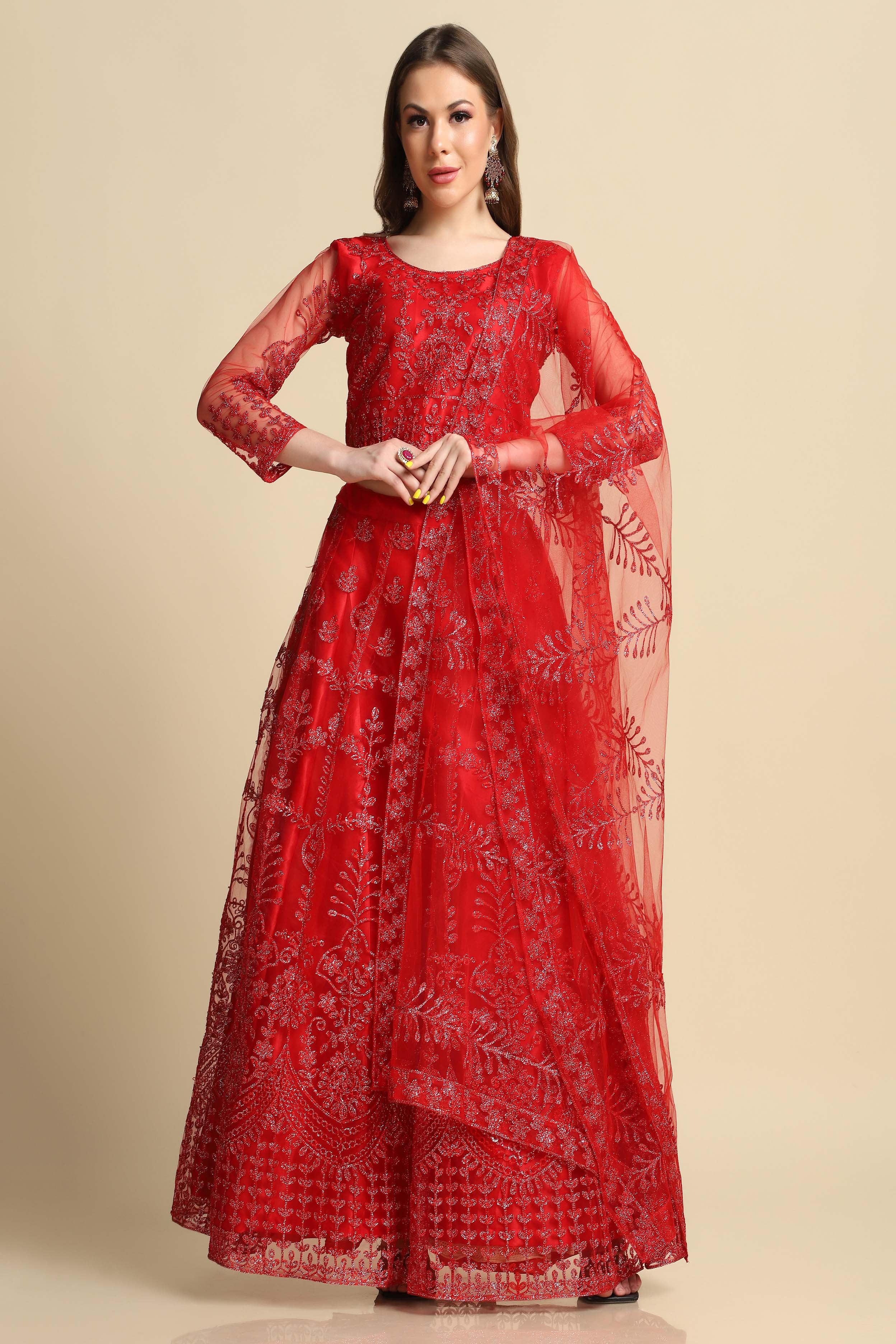 Red Embroidery Work Net Lehenga Choli For Women with Dupatta