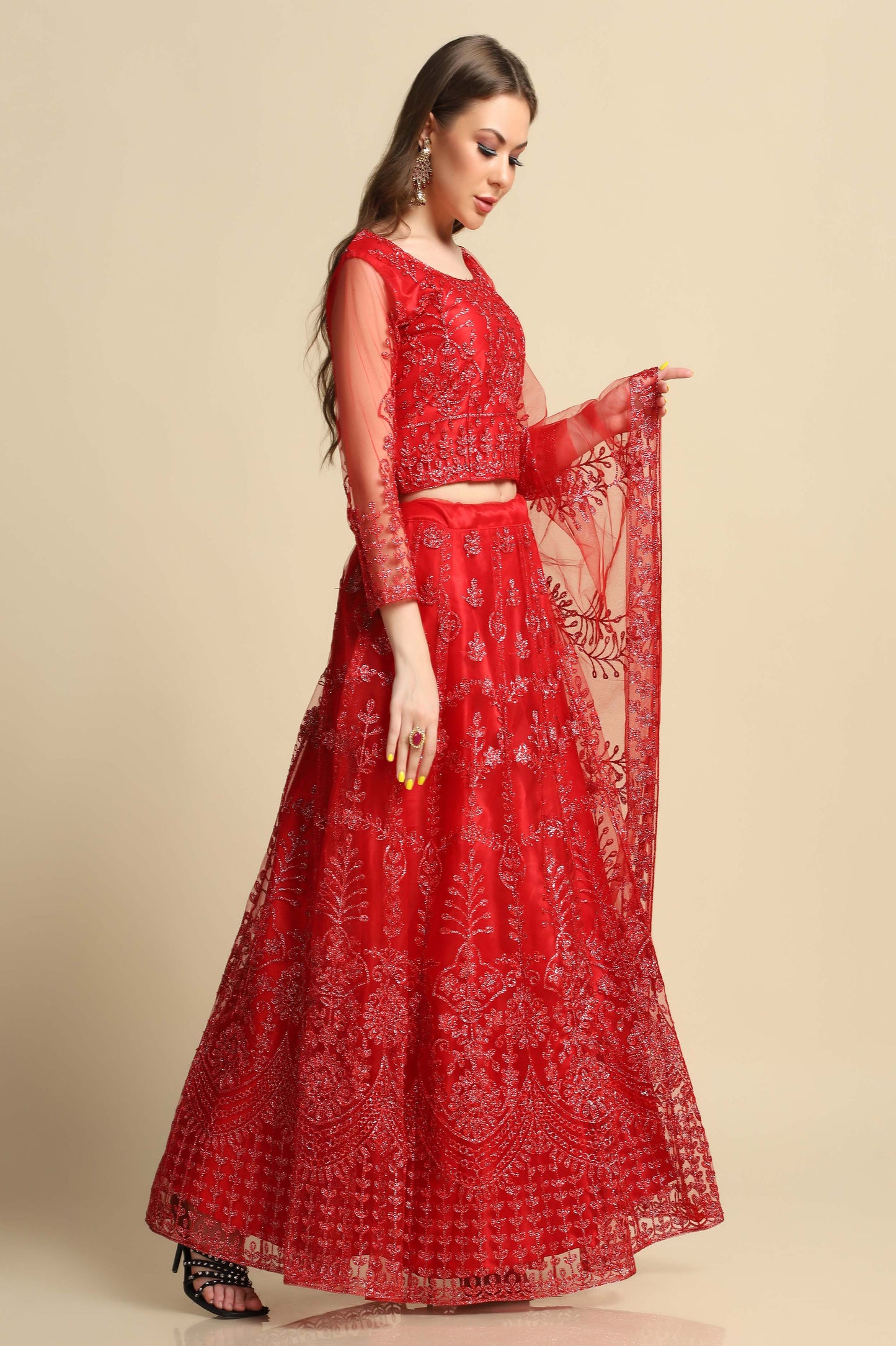 Red Embroidery Work Net Lehenga Choli For Women with Dupatta