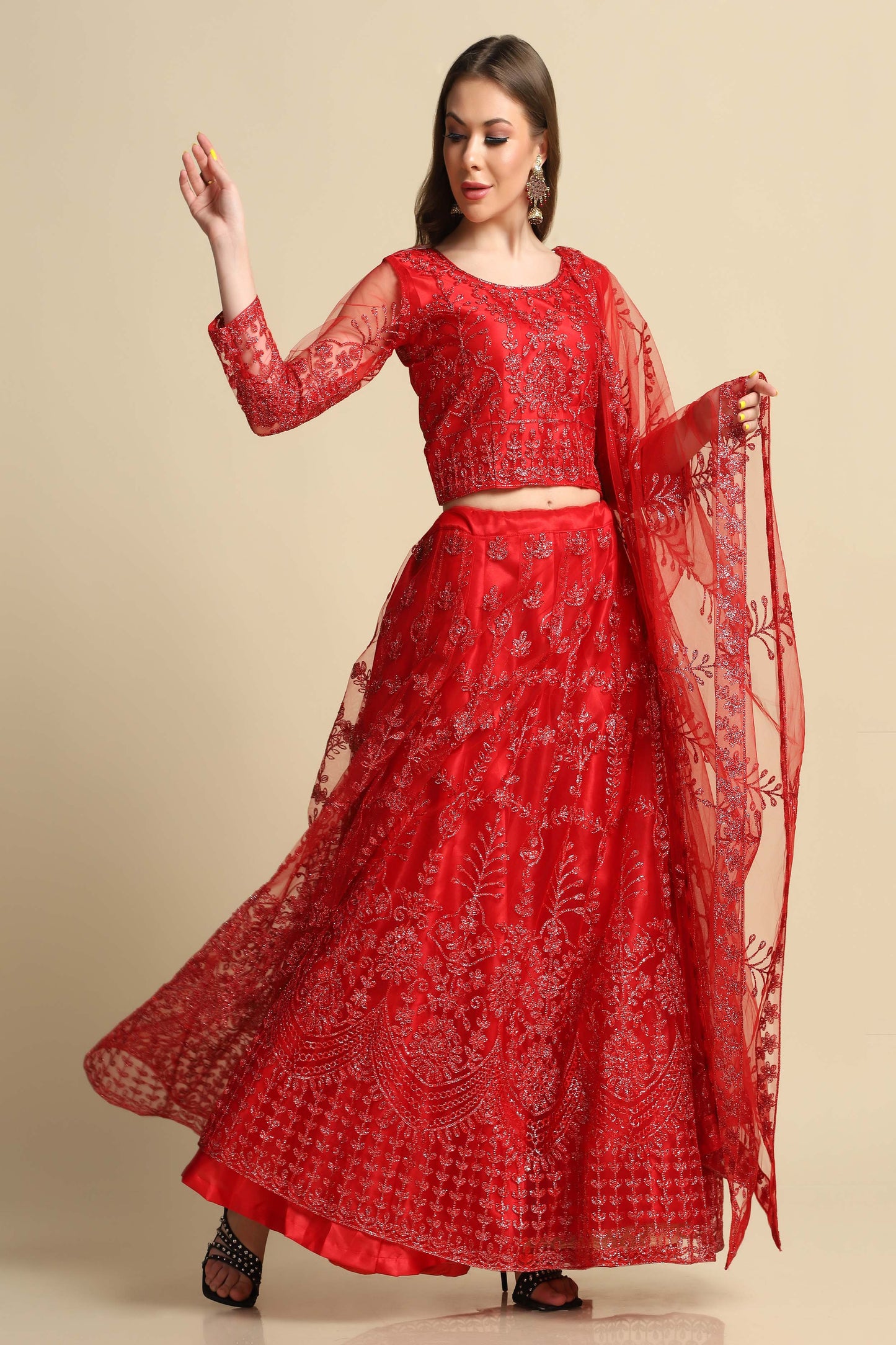 Red Embroidery Work Net Lehenga Choli For Women with Dupatta