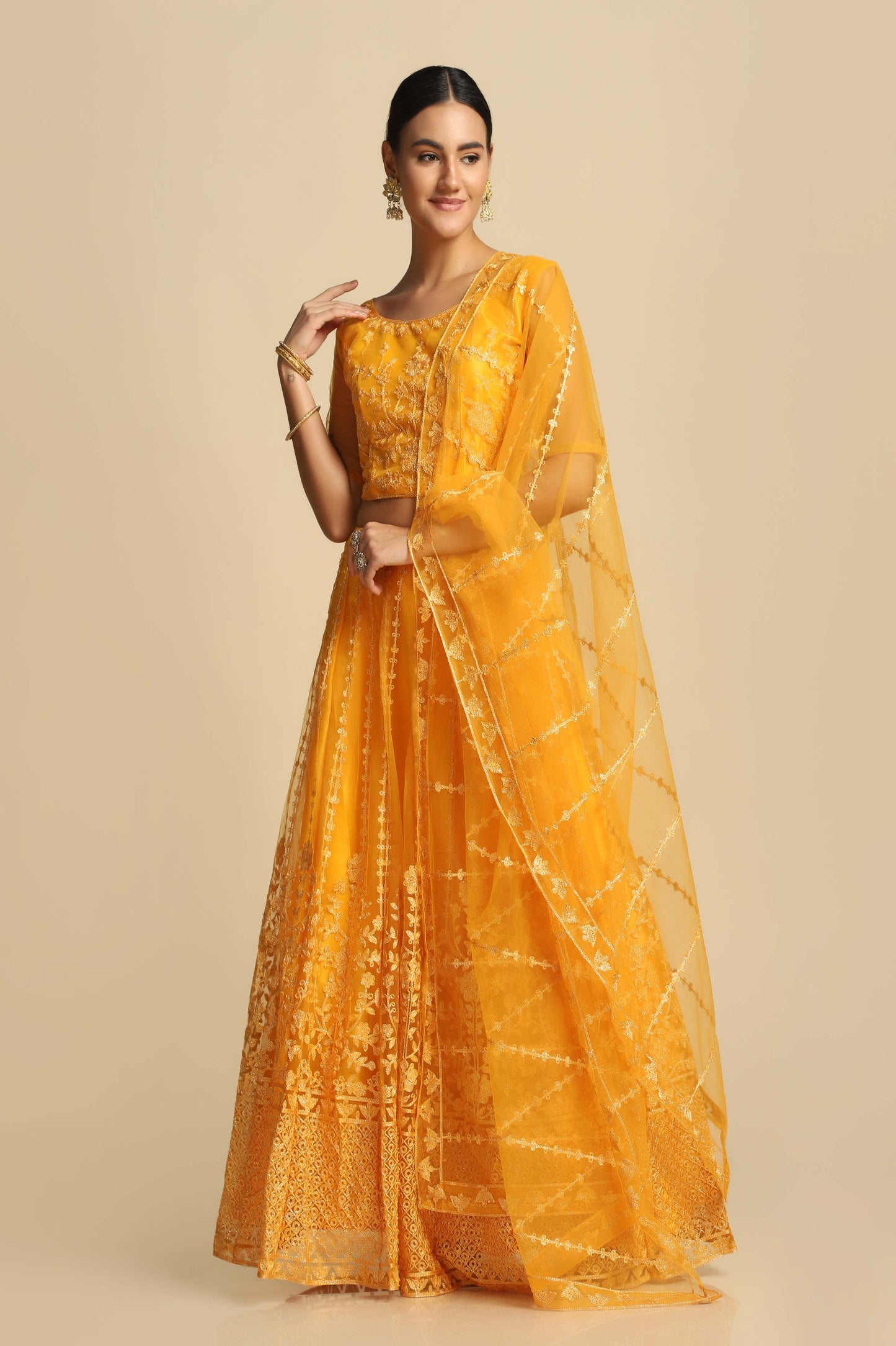 Yellow Embroidered Flared Lehenga Choli Set