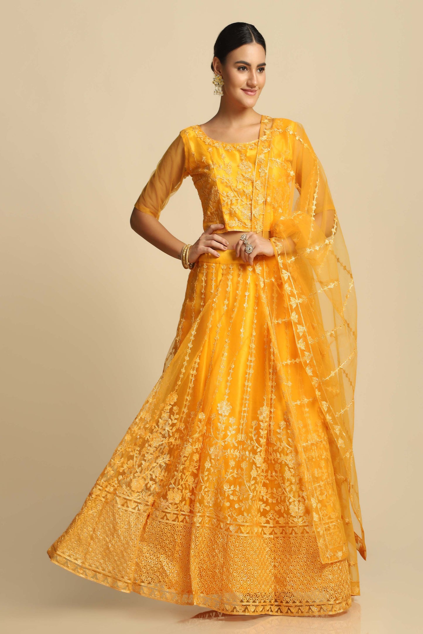 Yellow Embroidered Flared Lehenga Choli Set