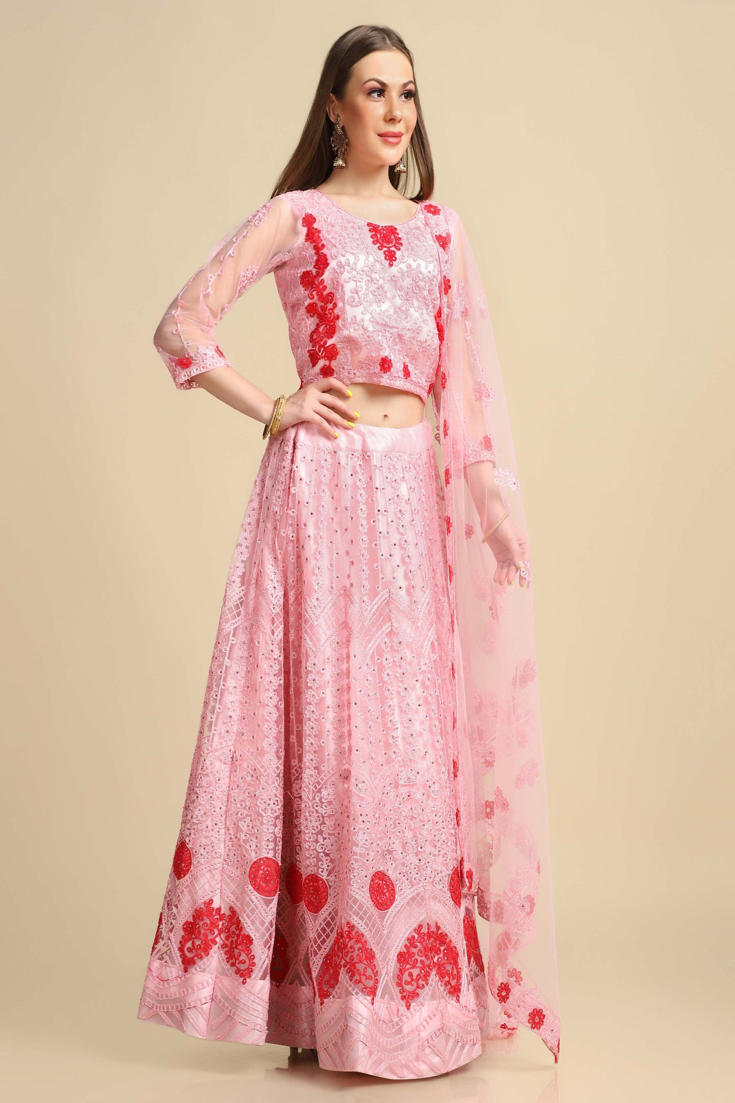 Light Pink  Net Embroidered Work Lehenga Choli Warthy