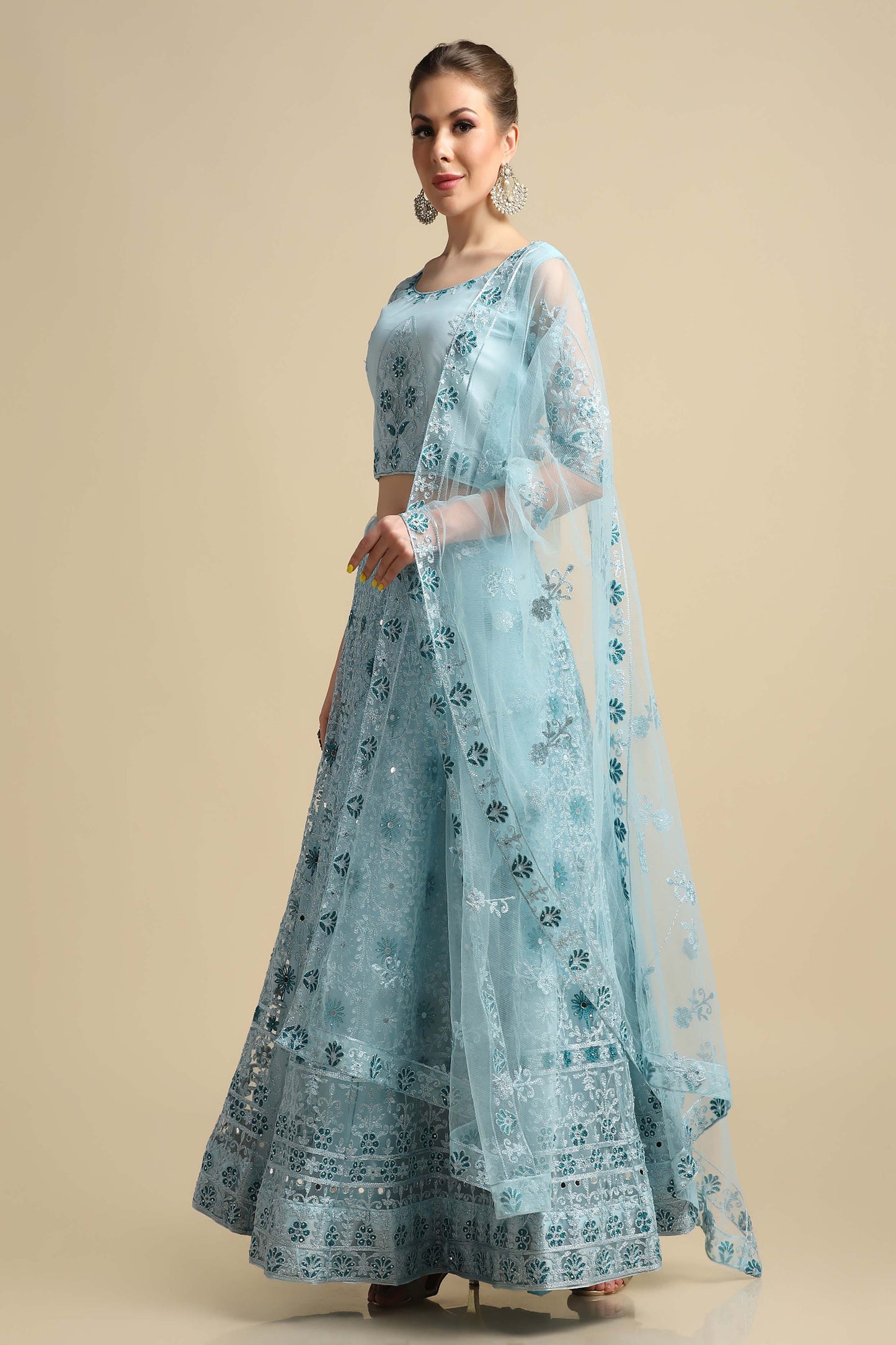 Sky Blue Embroidered Net Lehenga Choli