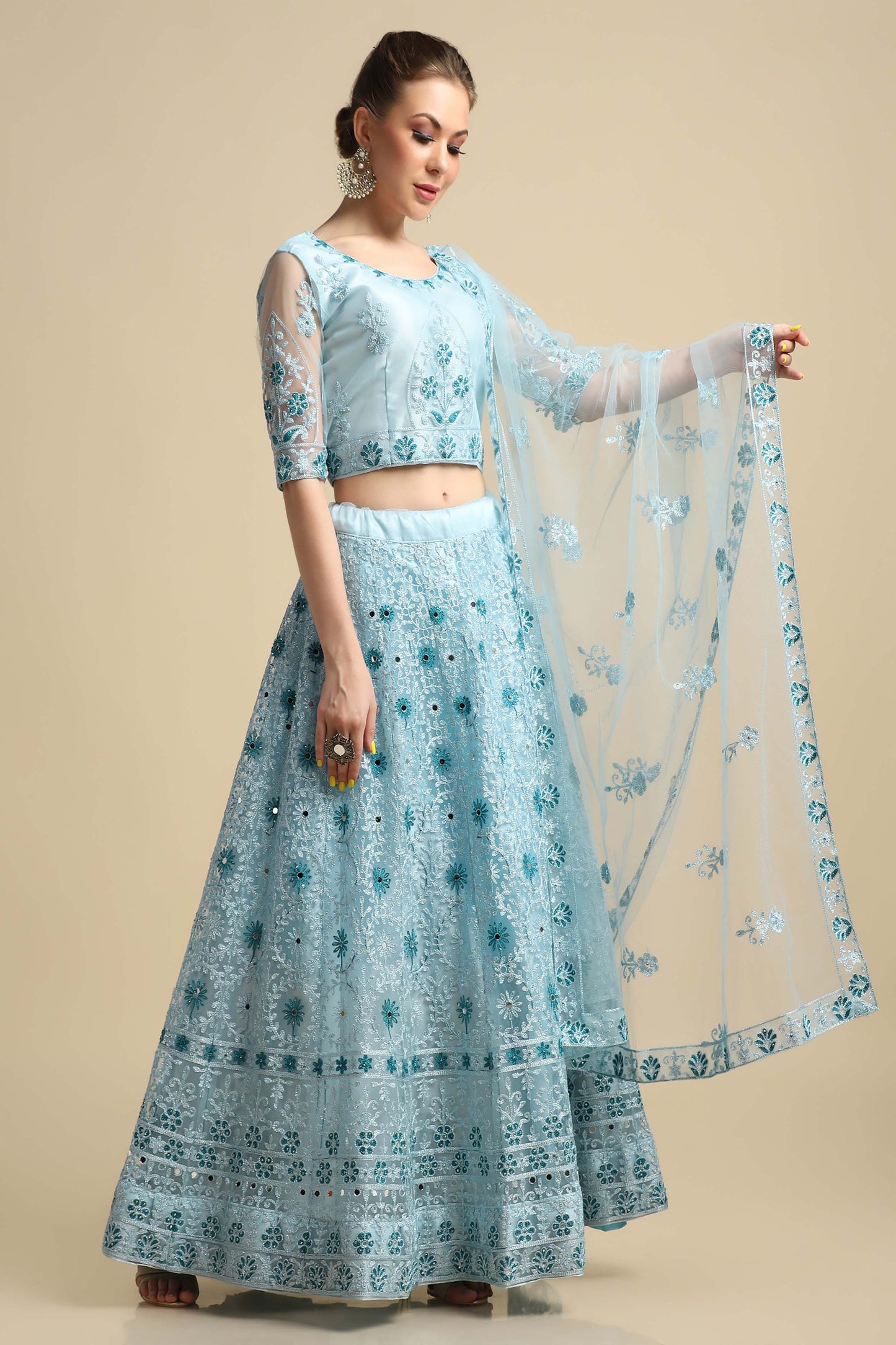 Sky Blue Embroidered Net Lehenga Choli