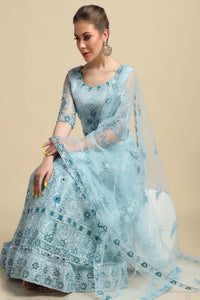 Sky Blue Embroidered Net Lehenga Choli