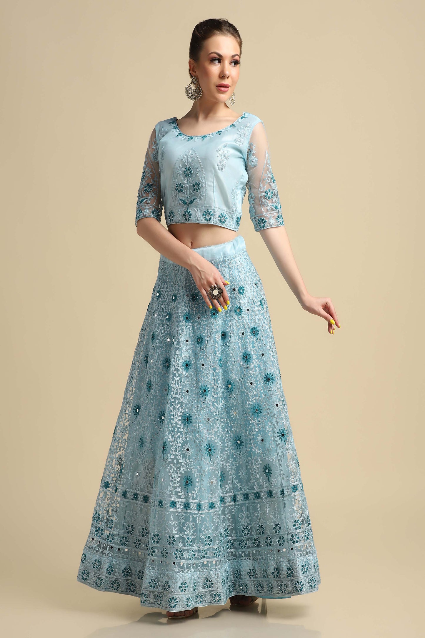 Sky Blue Embroidered Net Lehenga Choli