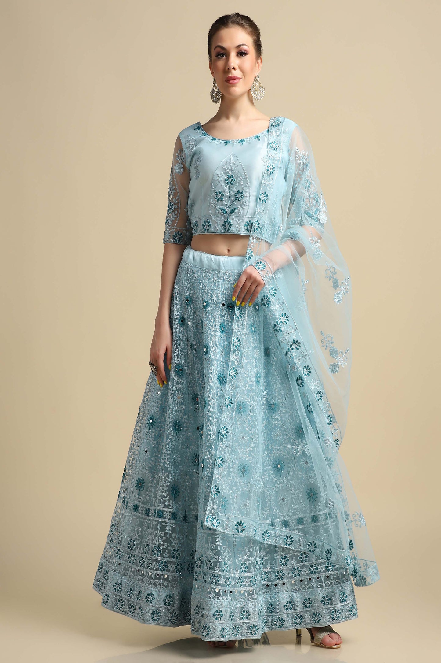 Sky Blue Embroidered Net Lehenga Choli