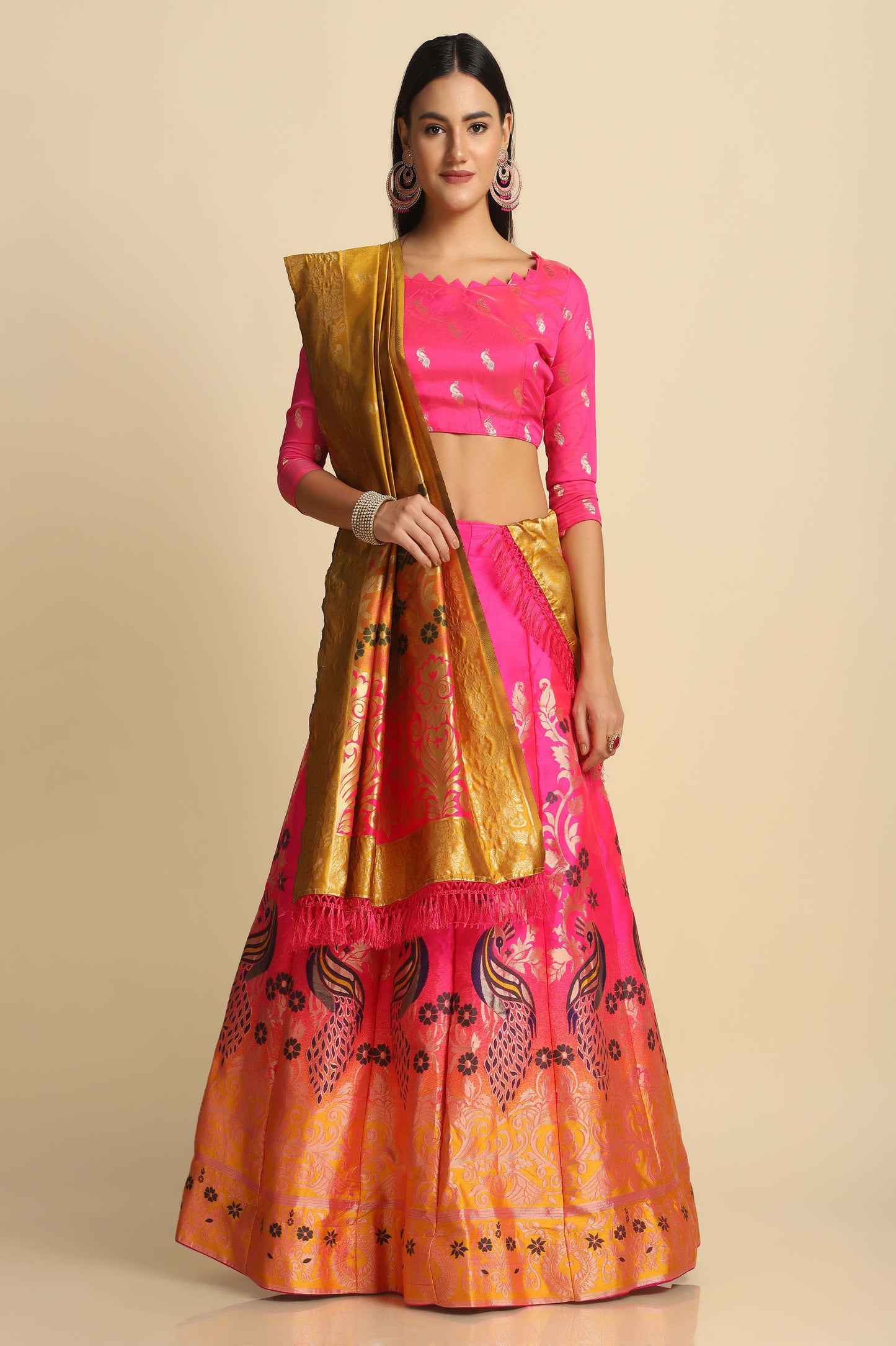 Women Jacquard Semi Stitched Lehenga Choli