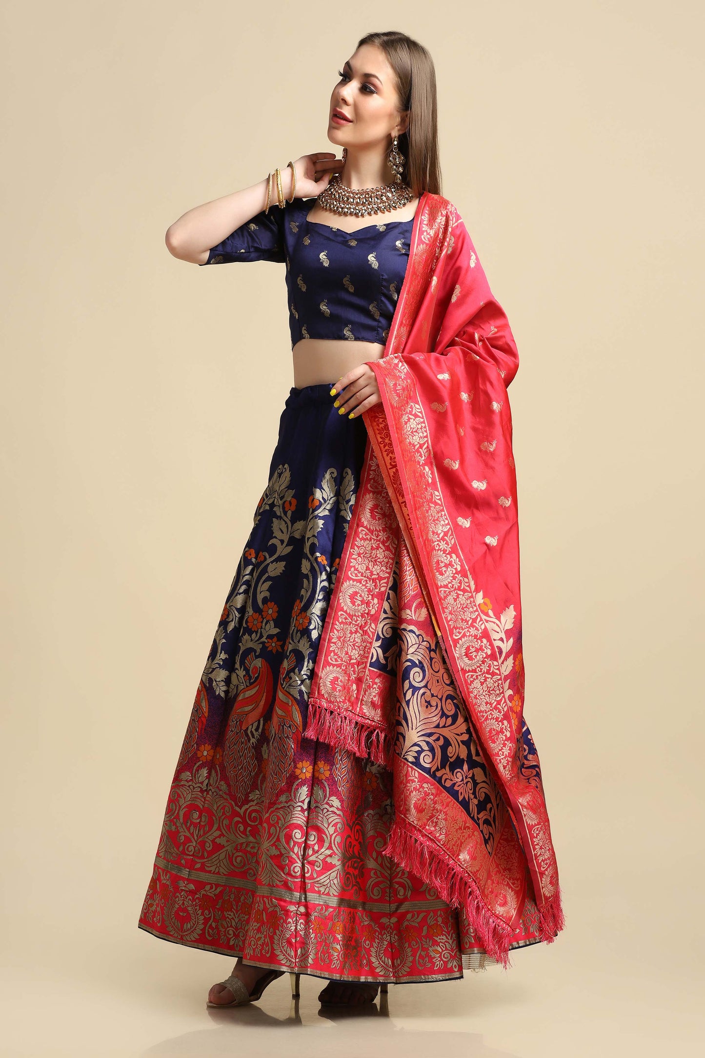 Women Jacquard Semi Stitched Lehenga Choli