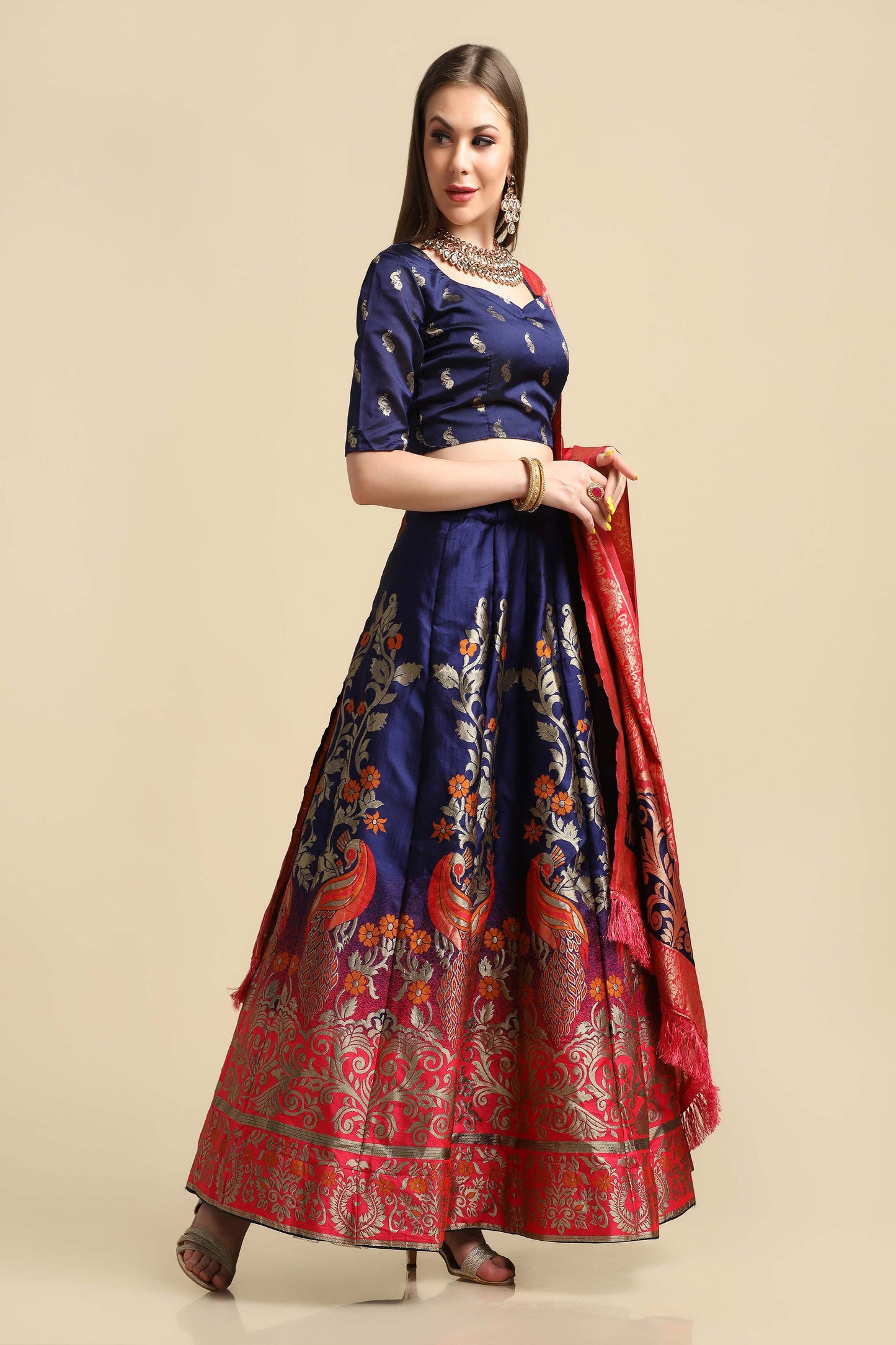 Women Jacquard Semi Stitched Lehenga Choli