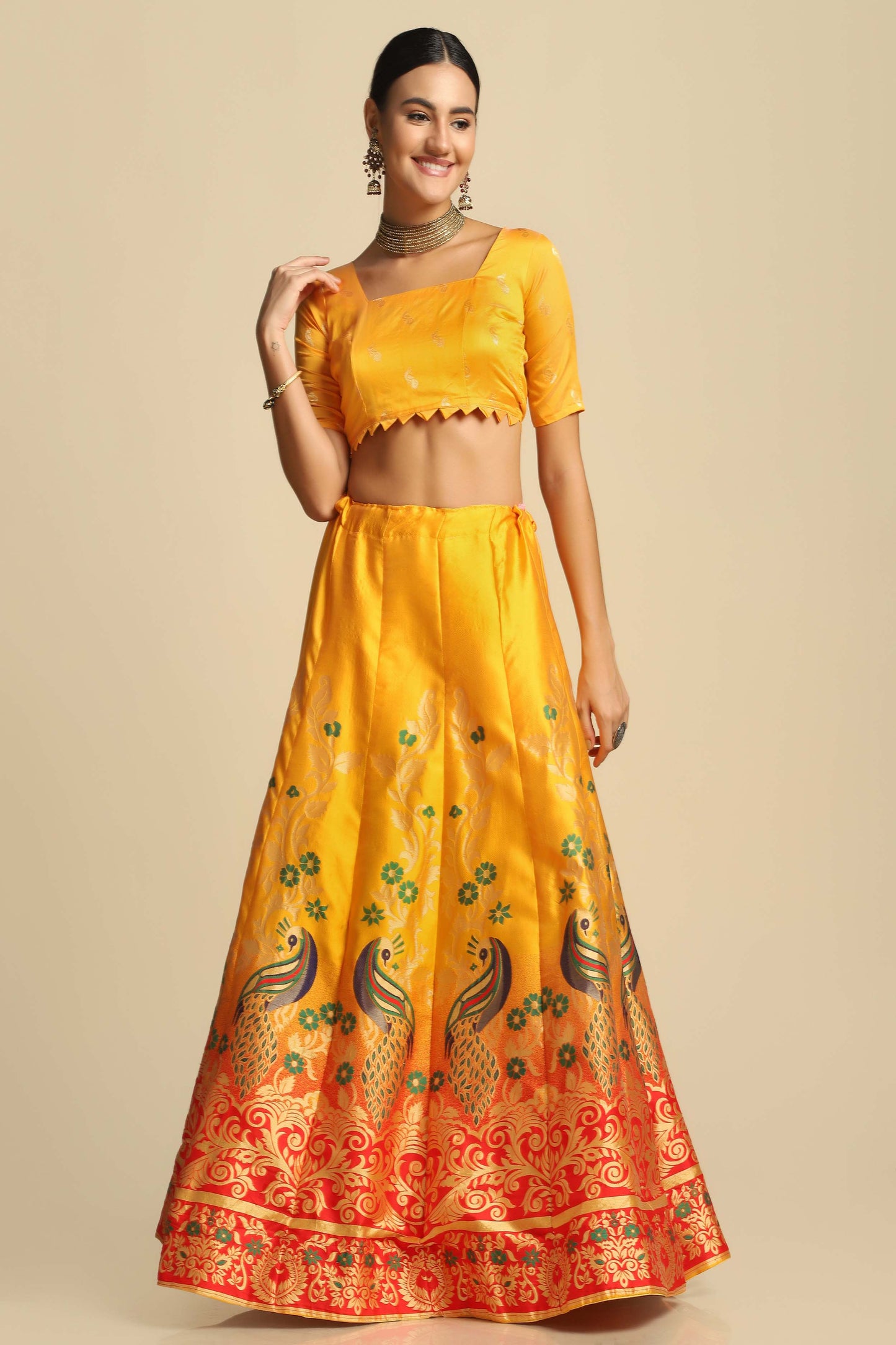 Women Jacquard Semi Stitched Lehenga Choli