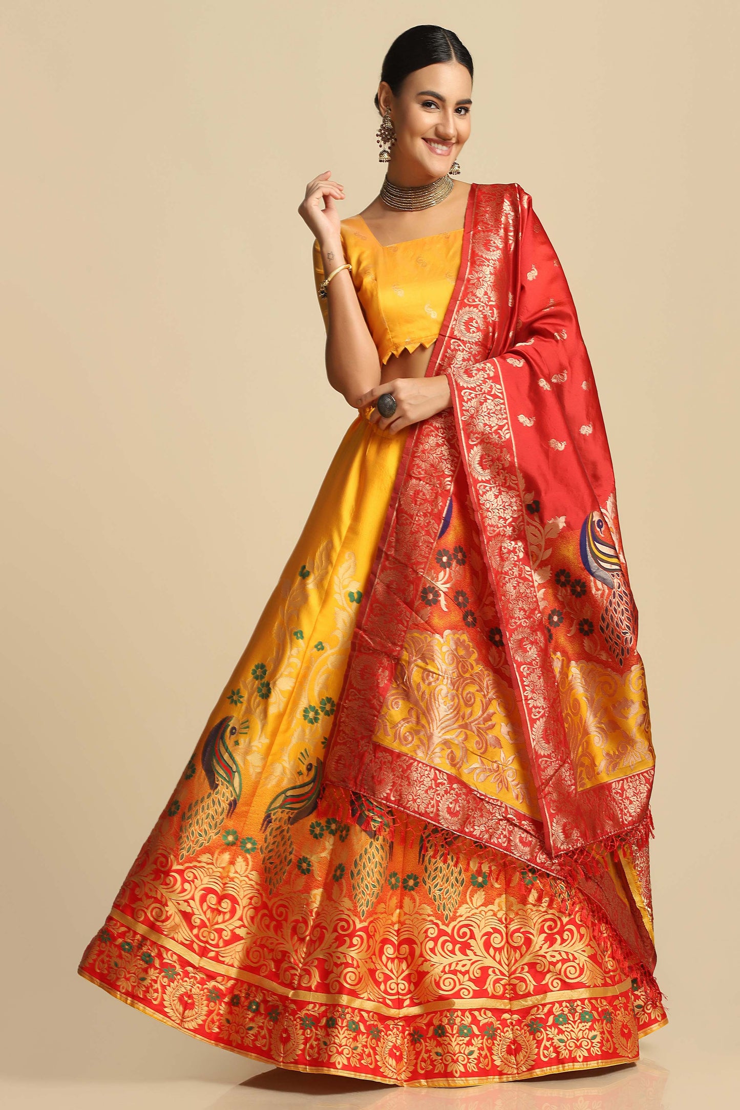 Women Jacquard Semi Stitched Lehenga Choli