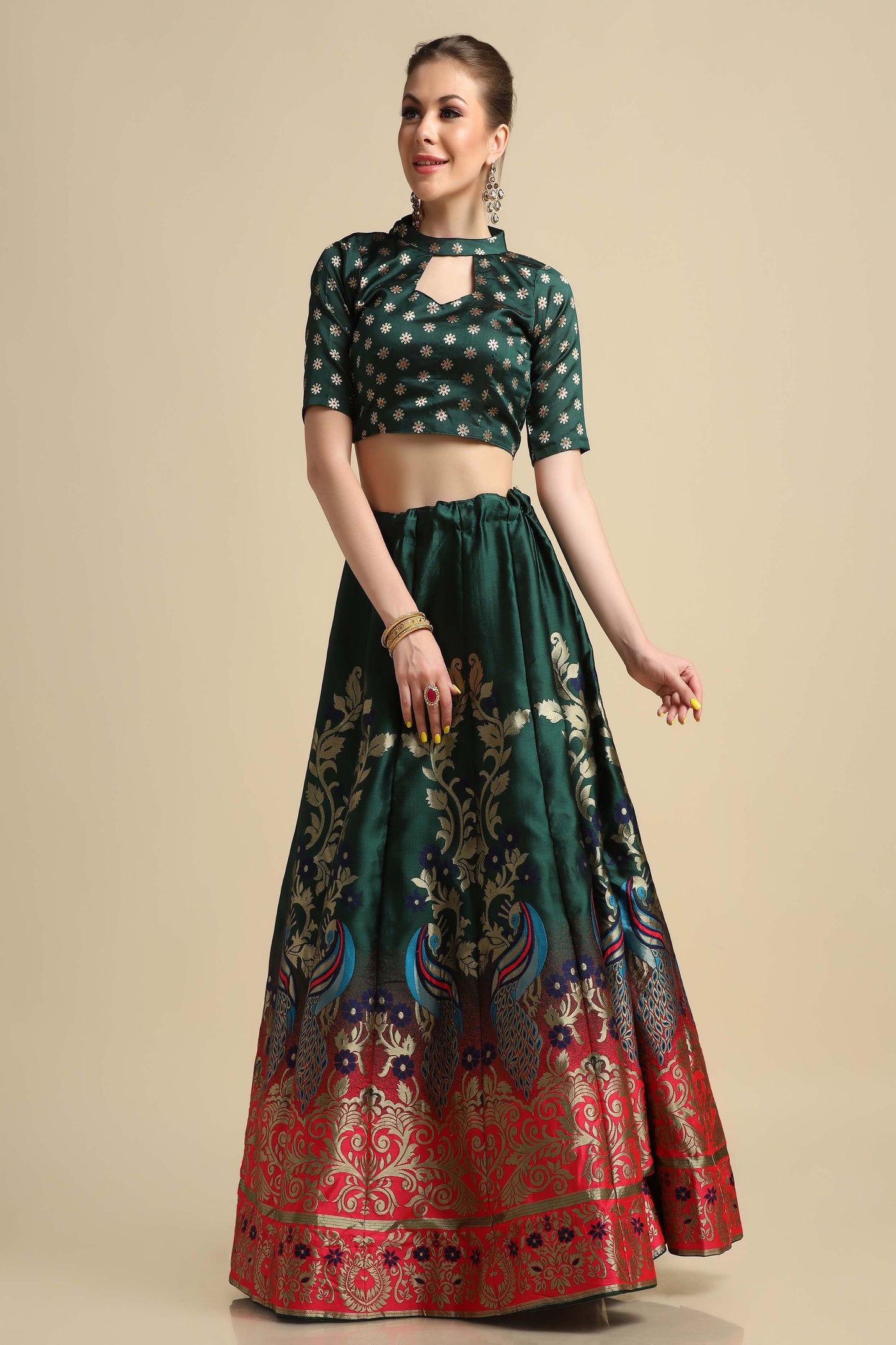 Women Jacquard Semi Stitched Lehenga Choli