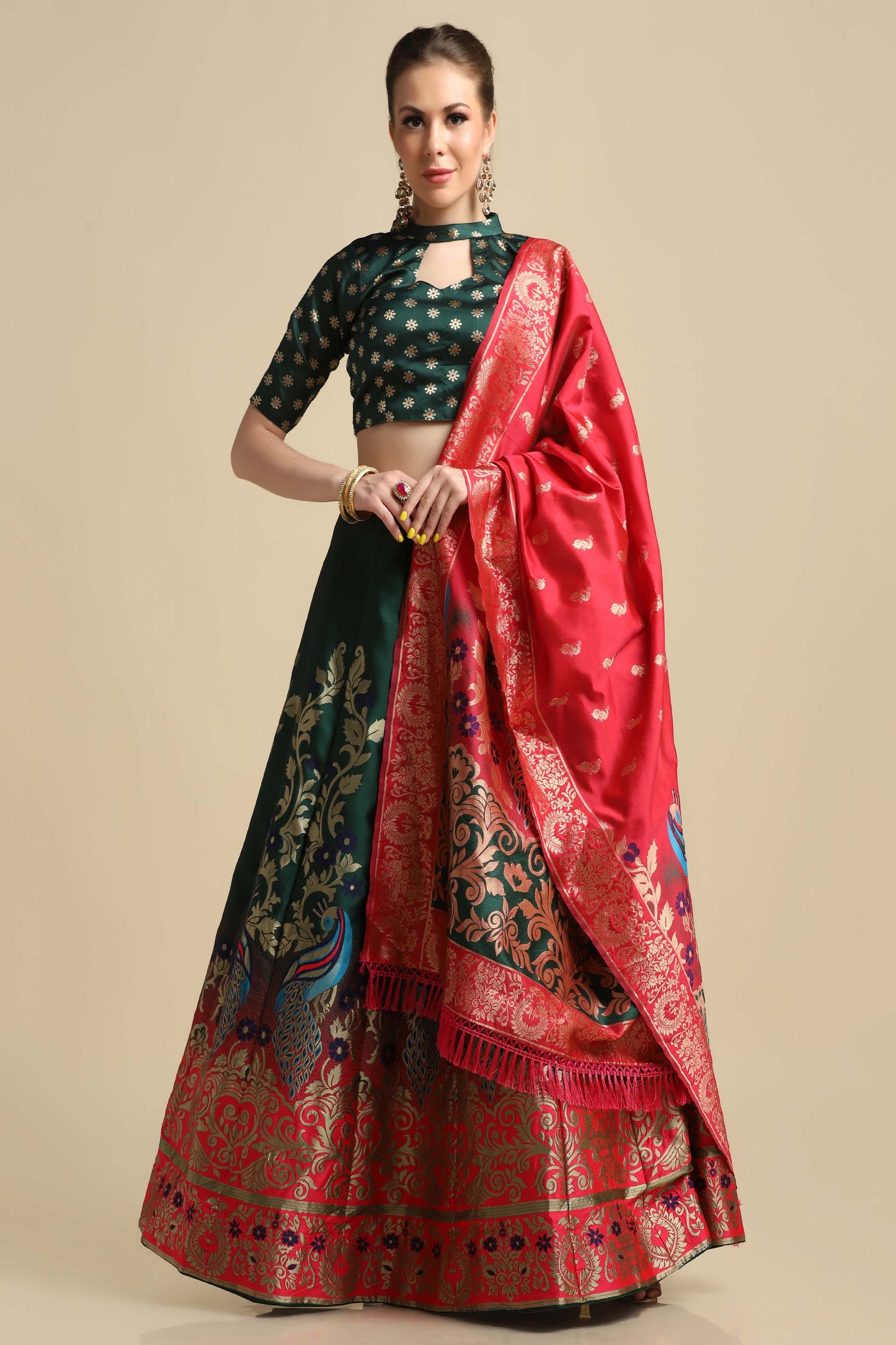 Women Jacquard Semi Stitched Lehenga Choli