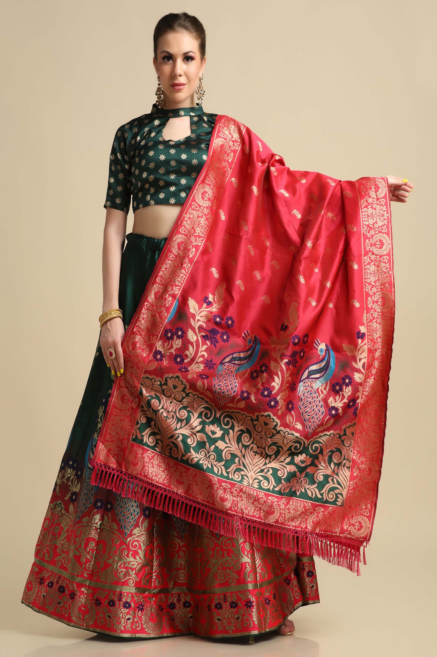 Women Jacquard Semi Stitched Lehenga Choli