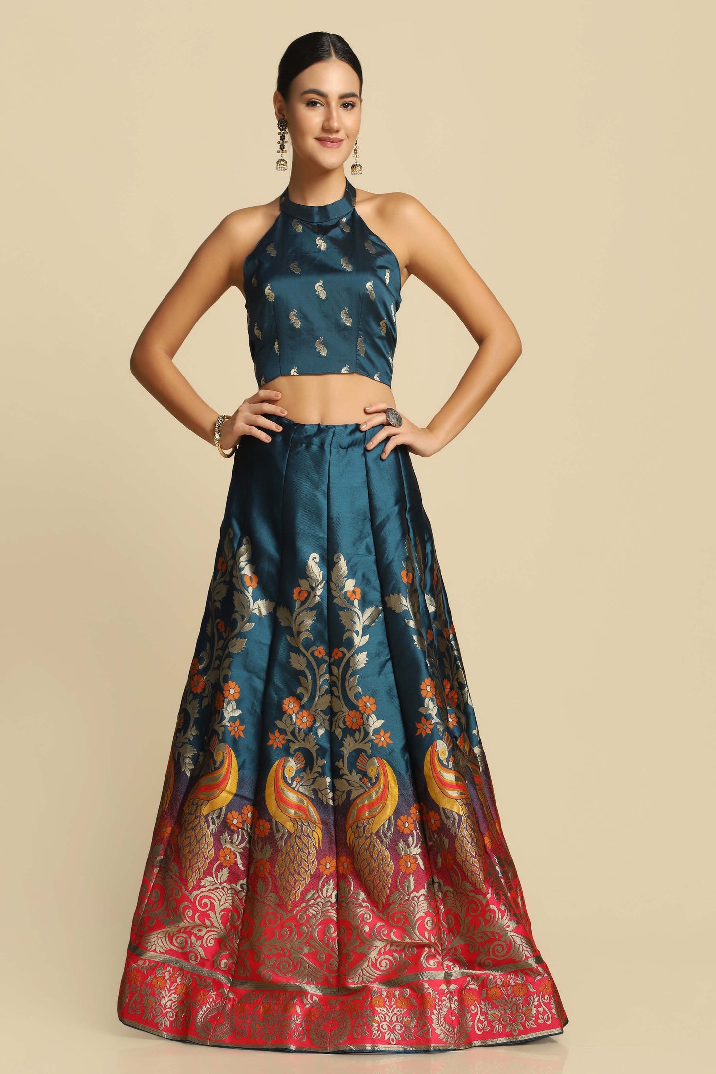 Women Jacquard Semi Stitched Lehenga Choli