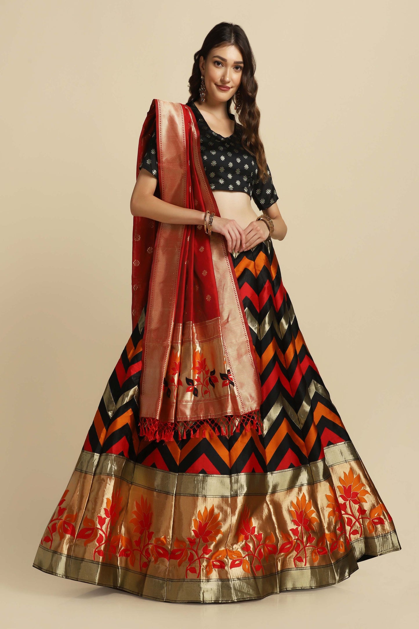 Chevron Print Flared Lehenga Choli Set with Dupatta