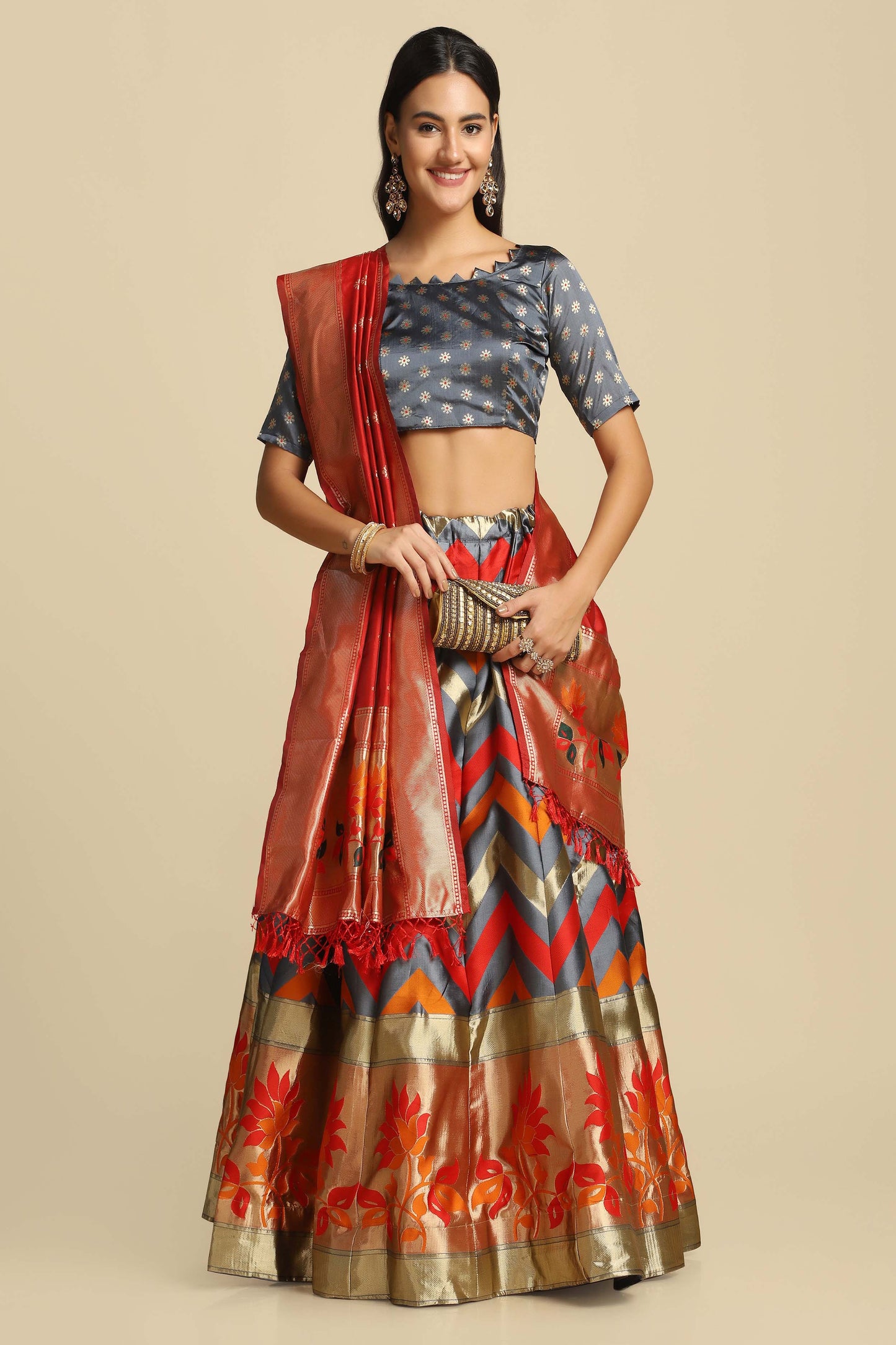 Chevron Print Flared Lehenga Choli Set with Dupatta