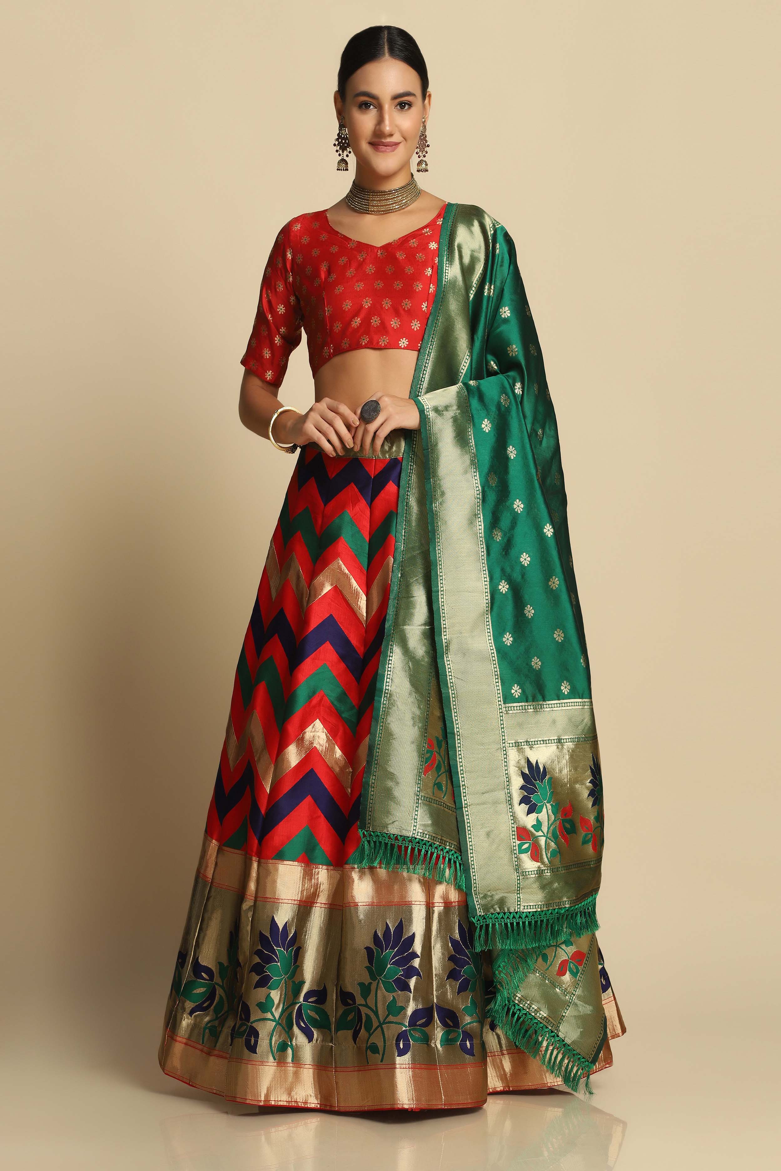 Chevron Print Flared Lehenga Choli Set with Dupatta