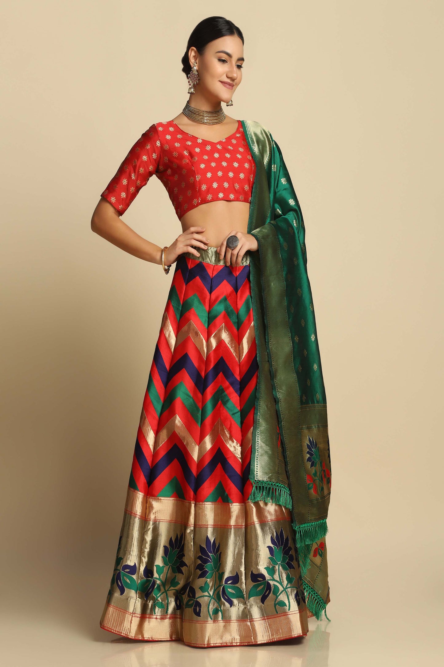 Chevron Print Flared Lehenga Choli Set with Dupatta