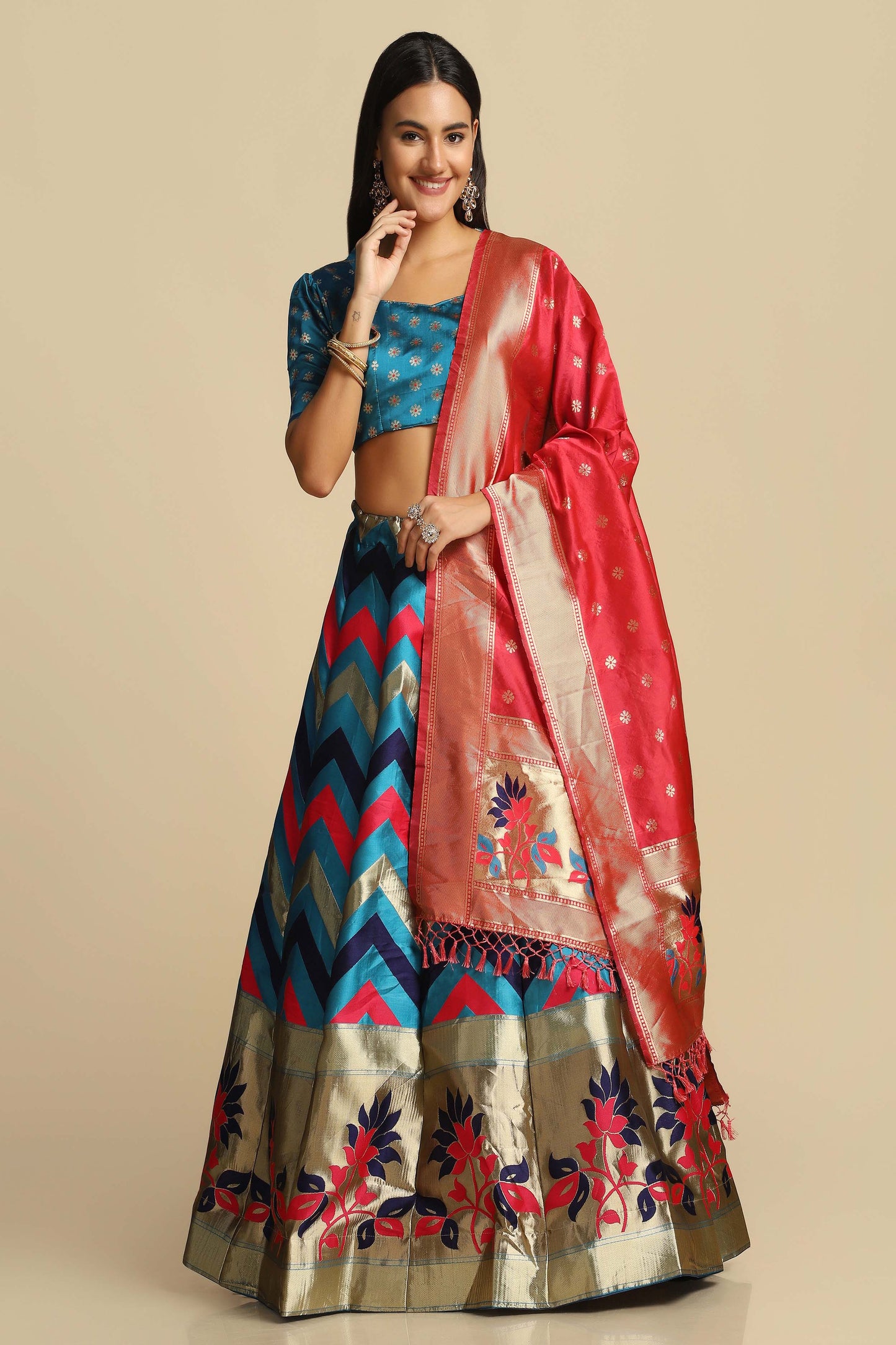 Chevron Print Flared Lehenga Choli Set with Dupatta