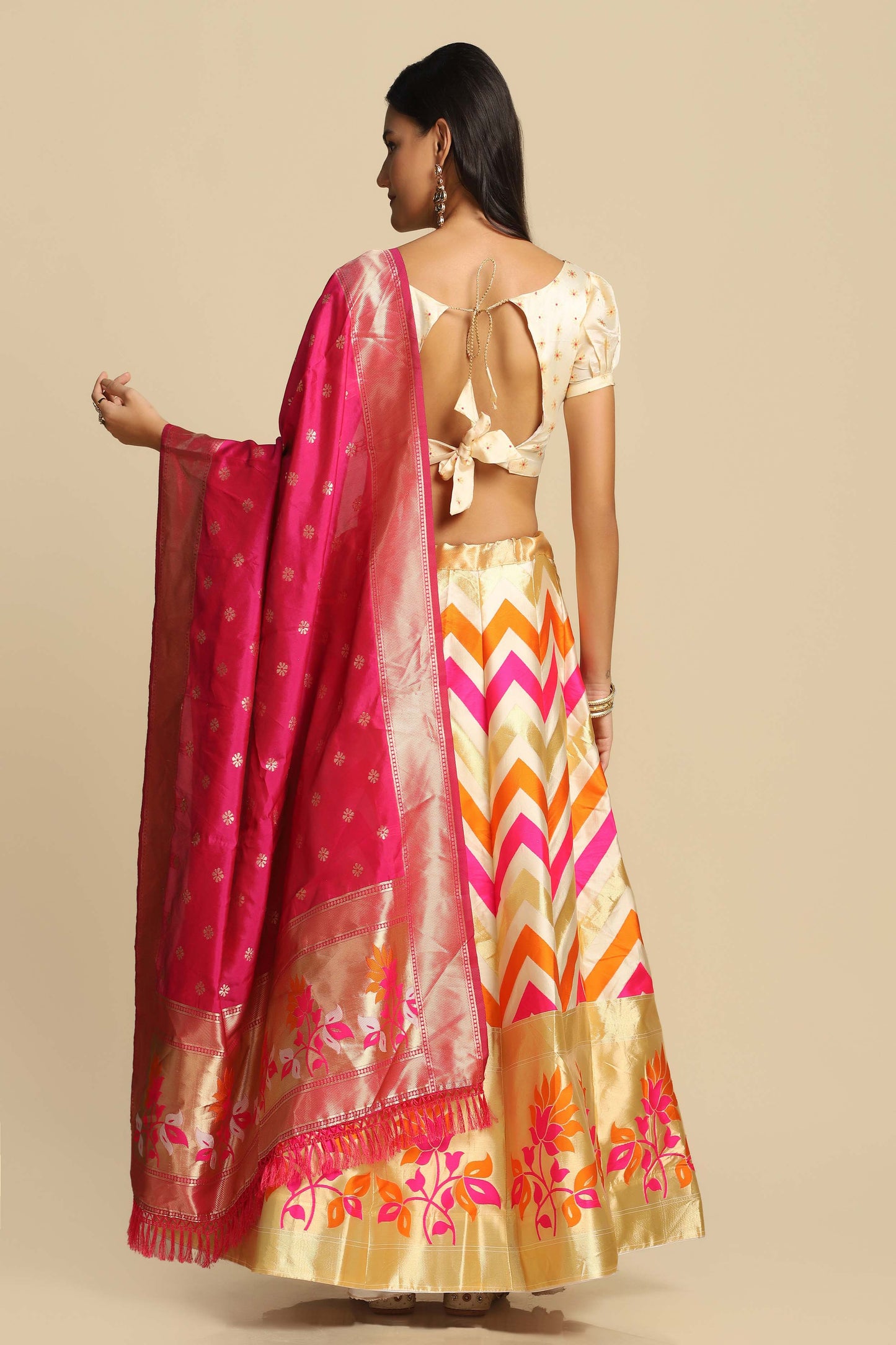 Chevron Print Flared Lehenga Choli Set with Dupatta