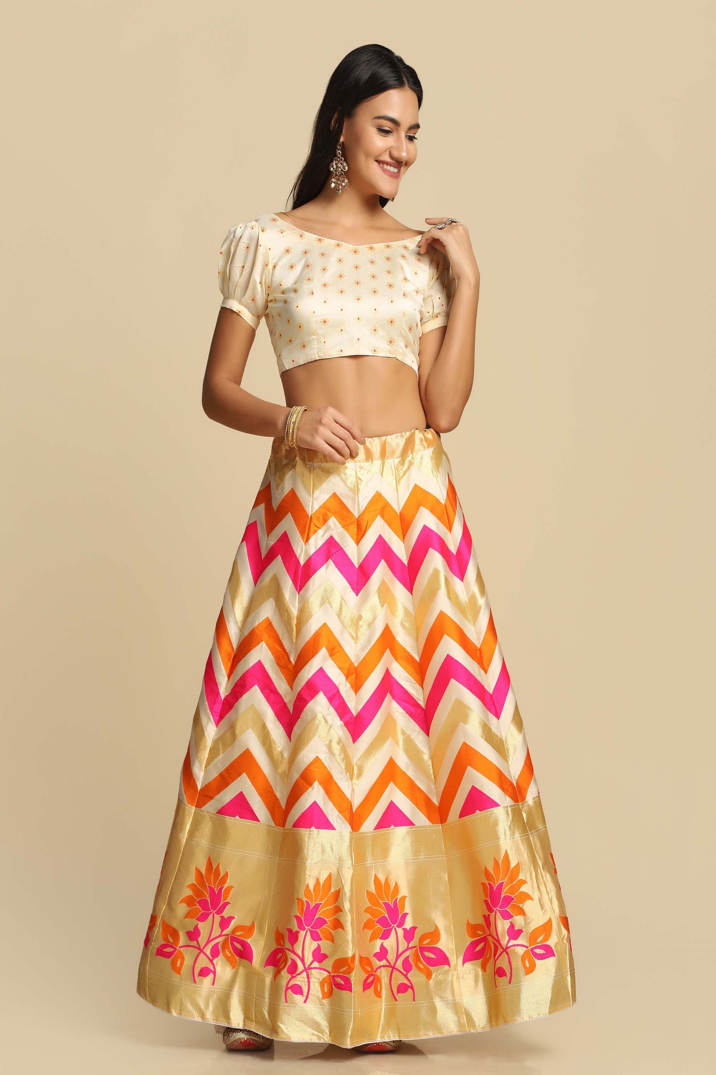 Chevron Print Flared Lehenga Choli Set with Dupatta