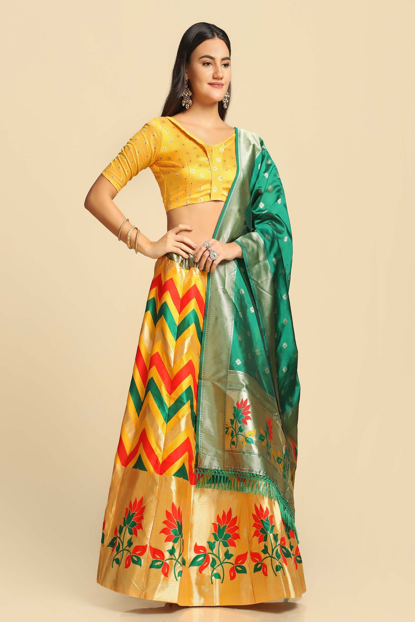 Chevron Print Flared Lehenga Choli Set with Dupatta