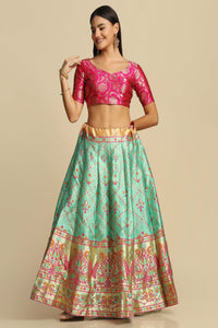 Yellow & Pista Flared Lehenga Choli Set with Woven Motifs