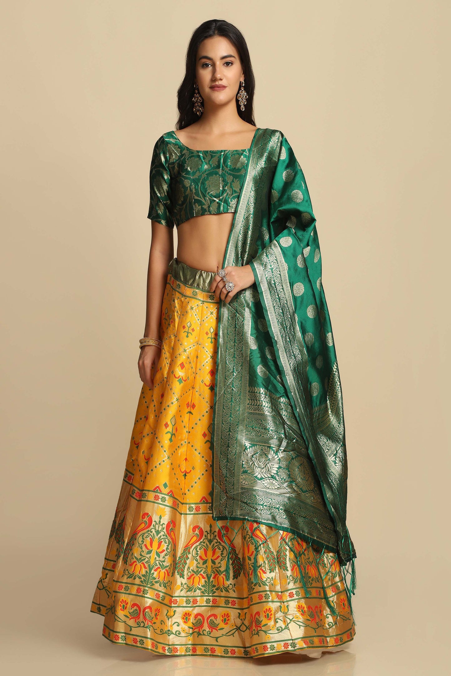 Yellow & Pista Flared Lehenga Choli Set with Woven Motifs