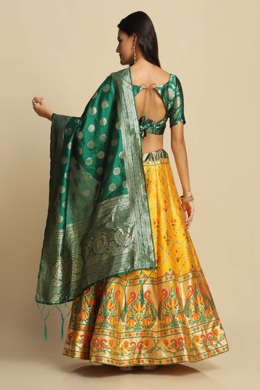 Yellow & Pista Flared Lehenga Choli Set with Woven Motifs