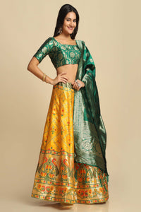 Yellow & Pista Flared Lehenga Choli Set with Woven Motifs