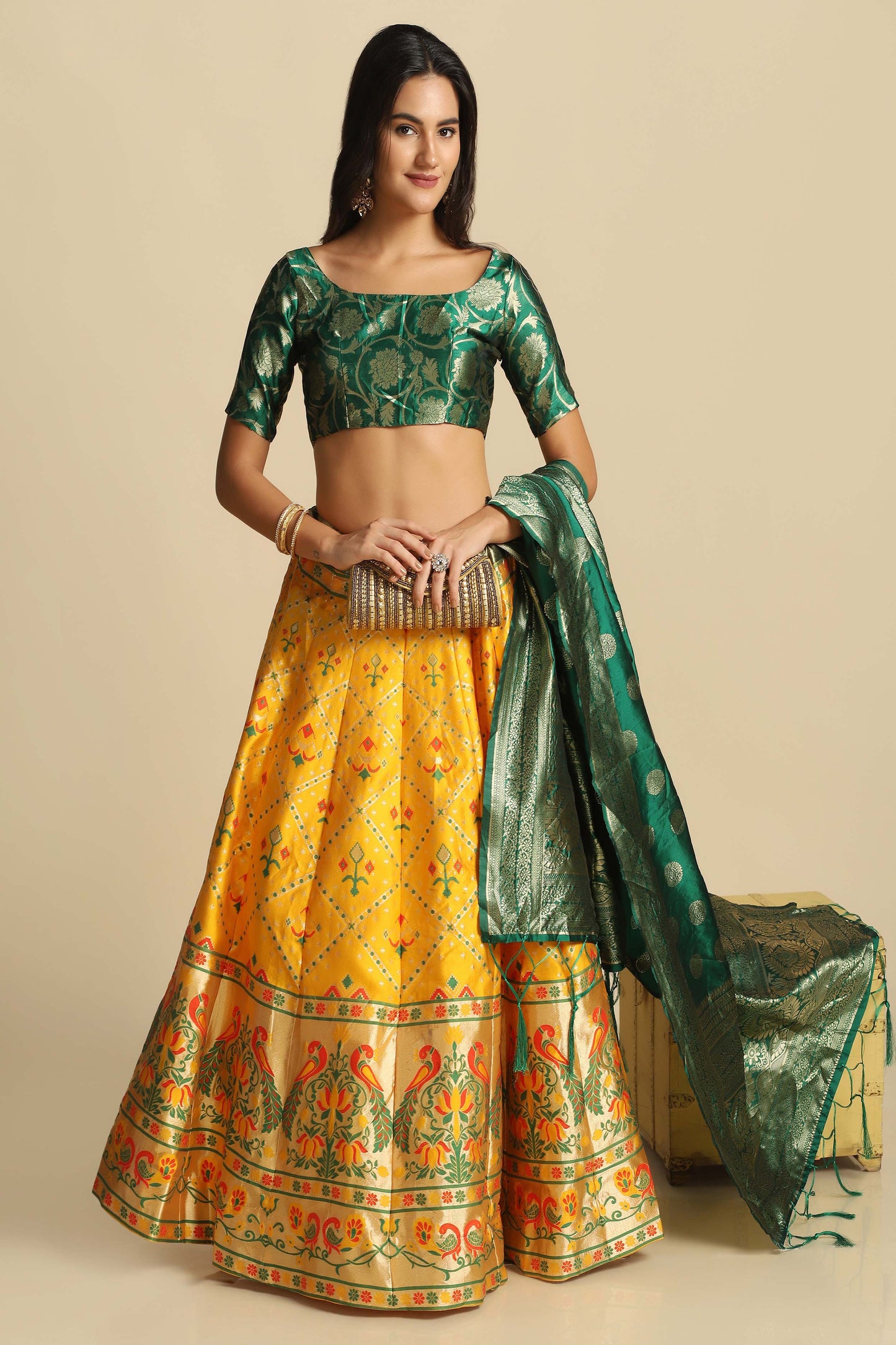 Yellow & Pista Flared Lehenga Choli Set with Woven Motifs