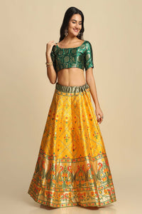 Yellow & Pista Flared Lehenga Choli Set with Woven Motifs