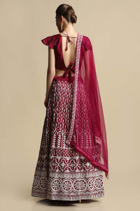 Persian-Red Taffeta Silk Ogee-Chakra Pattern Lehenga Choli with Thread Embroidery and Net Dupatta