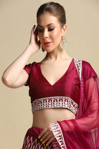 Persian-Red Taffeta Silk Ogee-Chakra Pattern Lehenga Choli with Thread Embroidery and Net Dupatta