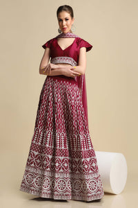 Persian-Red Taffeta Silk Ogee-Chakra Pattern Lehenga Choli with Thread Embroidery and Net Dupatta