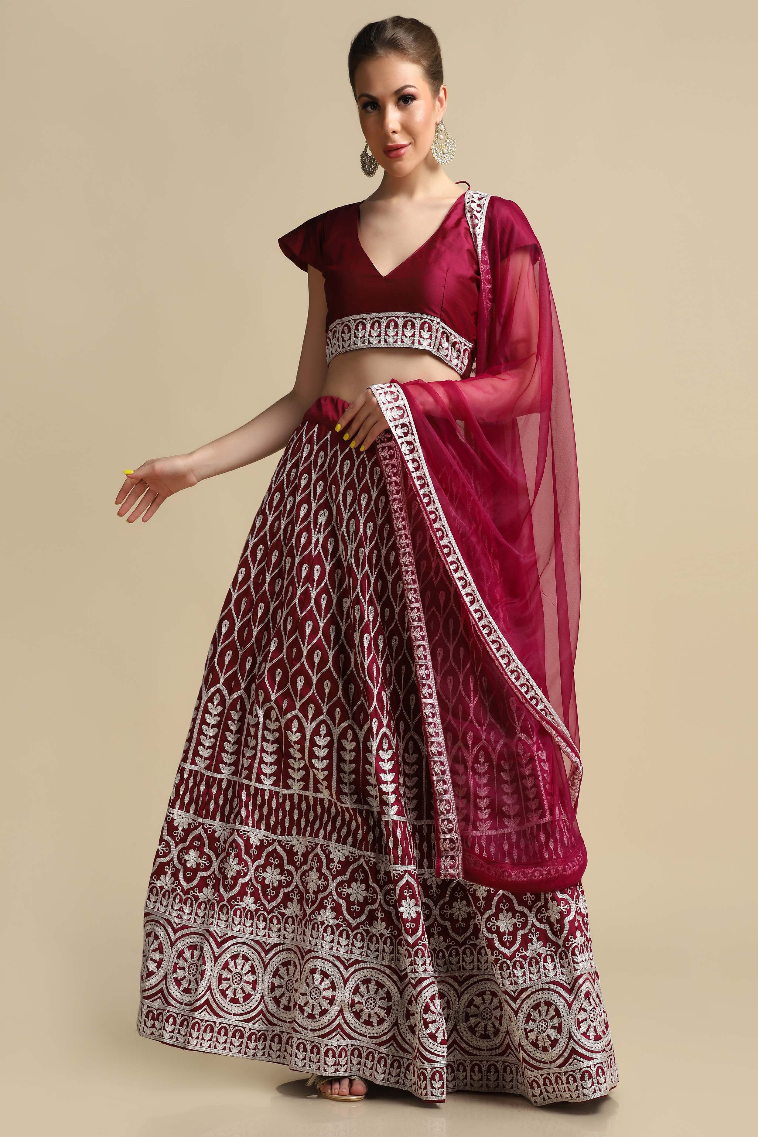 Persian-Red Taffeta Silk Ogee-Chakra Pattern Lehenga Choli with Thread Embroidery and Net Dupatta