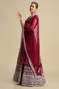 Persian-Red Taffeta Silk Ogee-Chakra Pattern Lehenga Choli with Thread Embroidery and Net Dupatta