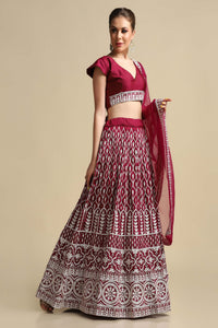 Persian-Red Taffeta Silk Ogee-Chakra Pattern Lehenga Choli with Thread Embroidery and Net Dupatta