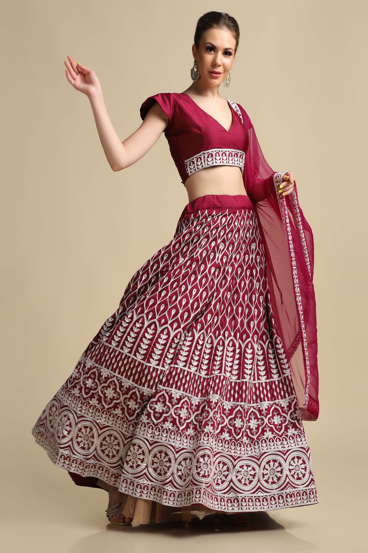 Persian-Red Taffeta Silk Ogee-Chakra Pattern Lehenga Choli with Thread Embroidery and Net Dupatta