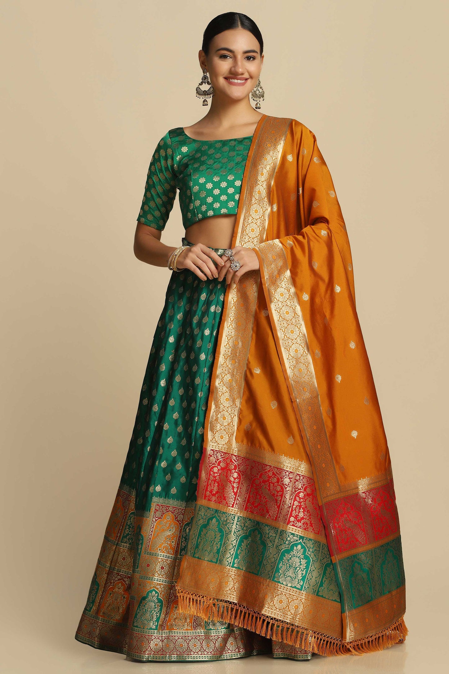 Self Design Semi Stitched Green Lehenga Choli